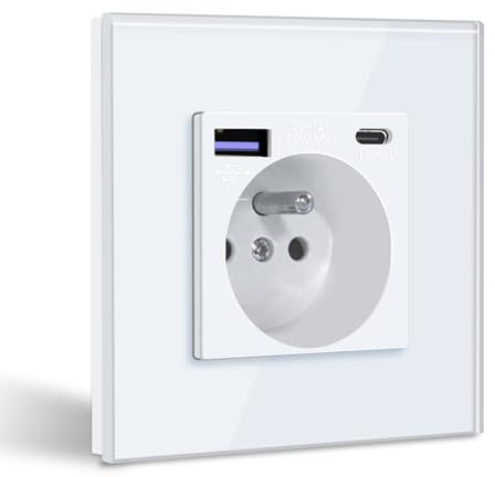 BSEED Prise Murale avec USB C PD20W Blanc,Prise de courant à Encastrer,16A Prise de Courant Alternatif avec Panneau en Verre,Chargeur Rapide Multiprises avec 1 USB-C 20W, Idéal pour Maison, Bureau
