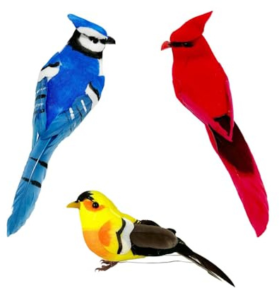 LWINGFLYER 3pcs Artificial Birds Realistic Red Cardinal Blue Jay Yellow Goldfinch with Wire Feet Assorted Birds Ornaments for Christmas Tree Decoration and Crafts