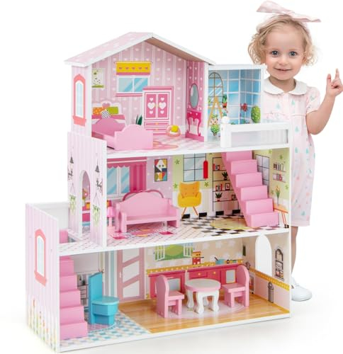 DREAMADE Puppenhaus Holz, 3-stöckiges & Großes Dollhouse mit 5 Zimmern & Möbeln, Zubehör & 2 Treppen & niedlichen Tapeten, Puppenvilla Puppenstube Holzspielzeug rosa Spielzeug für Kinder ab 3 Jahren
