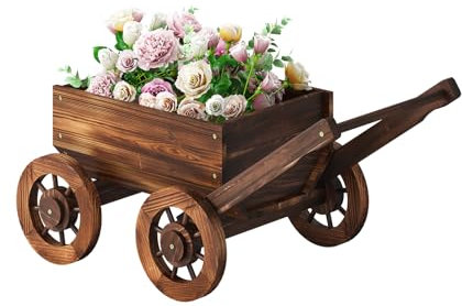Wooden Flower Pot, Wooden Cart Flower Pot, Wooden Wagon Planter,Outdoor Garden Plant Planter,Trolley Decoration Succulent Flower Pot, Indoor Outdoor Backyard Balcon Decor. (HC-S)