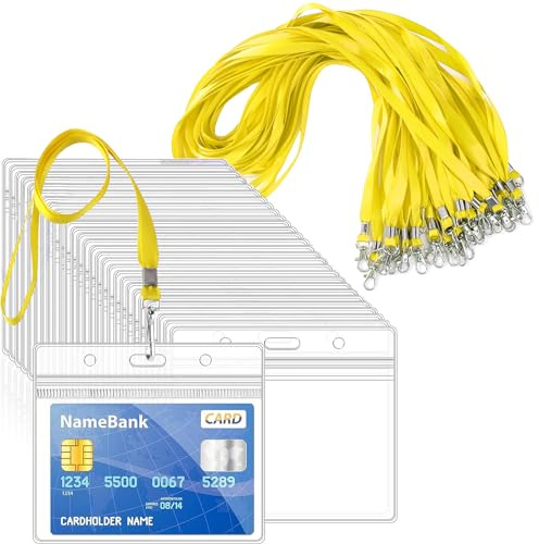 50pcs Yellow Lanyards for Neck with Clear Plastic ID Card Holders | Horizontal Sealable Waterproof Name Badge Holders with Nylon Lanyard for ID Cards Office School Bus Passes Doctors Visitors