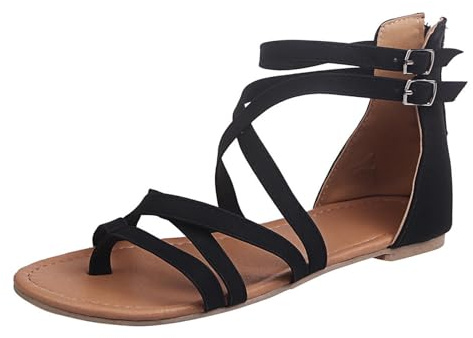 Spartiates Sandales Tongs Orthopédiques Femme Sandales Rétro Eté Romaines Gladiateur Sandales Boucle Croisé Sandale Plates Antidérapant Chaussures Tong Confort Chic pour Trekking Voyages Piscine Plage