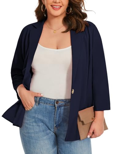 LADI TREND XL-5XL Blazer à manches 3/4 taille plus avec revers crantés, demi-doublé pour femmes - Vestes et blazers UK - Un bouton avec poches incrustées - Pour la journée et la nuit, 3XL Grande