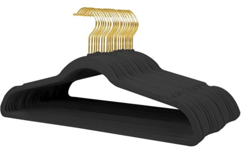 Stormix Samt-Kleiderbügel, rutschfest, mit Schulterkerben, für Erwachsene, Schwarz – goldfarbener Haken, 22 Stück