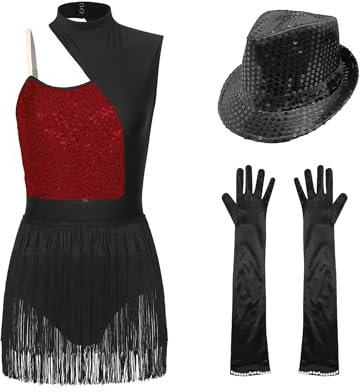 iiniim Dam, latin, dansklänning, glitter, balettklänning, paljetter, fransklänning med mössa, handskar, balsal performance, jazz, danskläder, Vinröd, L