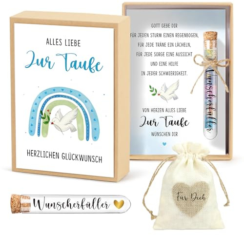 BOFUNX Taufegeschenk Geldgeschenke zur Taufe Inklusive Alles Liebe zur Taufe Karte Geschenkbox Kunststoff Reagenzglas Jutesäckchen Taufgeschenk Geld Gutschein Verpackung für Jungen Mädchen