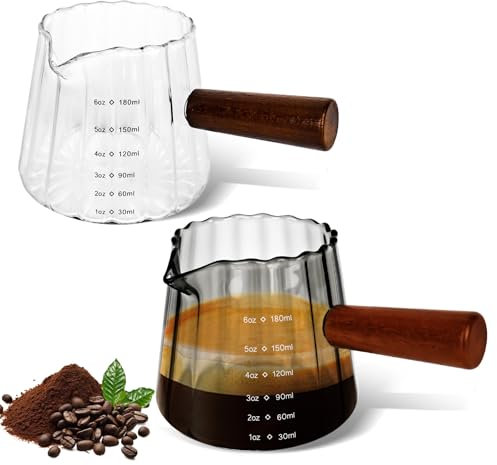 YYTECH 2 pièces 180ml Verre Doseur avec Manche en Bois, Transparents Tasse Avec Ouverture en Forme de V, Verre Mesureur Cuisine à Cocktail, Verres à Expresso, pour Machine à café, Alcool,Café au Lait