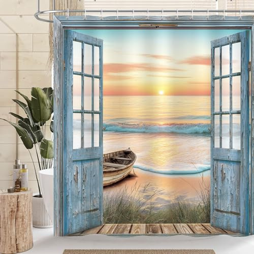 Dazzlewall Duschvorhang Ozean Strand Sonnenaufgang Küstenszene Blaue Holztür Badezimmer Vorhang 180x180cm, Wasserdicht Anti-Schimmel Stoff mit 12 Haken