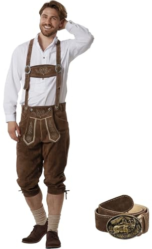 dressforfun, Pantaloni Corti e Lunghi in Pelle Uomo, Lederhosen Oktoberfest, Costume Bavarese, Pelle Bovina Resistente, con Bretelle e Cintura, Ricami Tradizionali, Bottoni Osso, Trachten