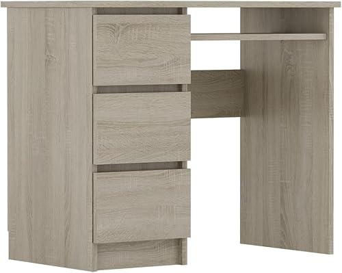 Shefa Line Cina Sonoma Eiche Schreibtisch mit Schubladen - 3 praktische Schubladen für optimale Organisation - Bürotisch Computertisch 90x50 cm Kleiner Arbeitstisch Kinderschreibtisch mit Stauraum