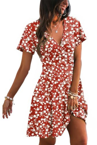 Cuptacc Robe Femme Chic et Elegant Courte Robes Portefeuille Col V A‑Line | Coupe A,Ajusté,Doux,Décontracté,Elegant,Facile À Associer,Court,Col Cache-Cœur