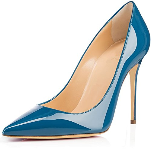 Elashe - Femmes - Stiletto Sexy - Plusieurs Coloris- Cuir Brillant synthétique - Talon Aiguille 10CM - Bout Pointu fermé Bleu EU39