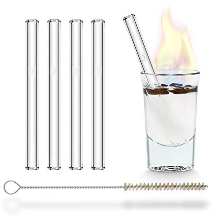 HALM Vidrio Pajitas Reutilizables Sorbete - 4 Unidades cortas rectas 10 cm + cepillo de limpieza sin plástico - Apto para lavavajillas - Sorbetes de vidrio para vasos de chupito