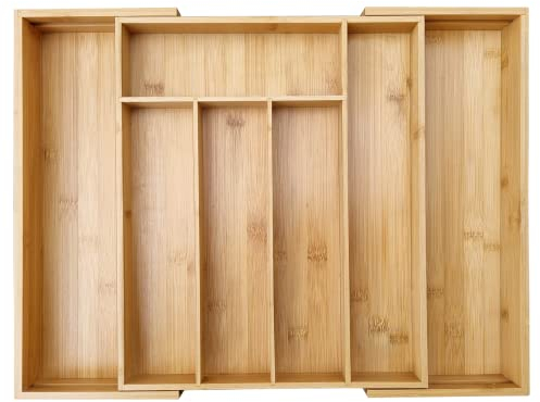 MASS DYNAMIC Bamboo Cutlery Tray, Expandable Drawer Organiser, Space-Saving 5-7 Storage Compartments Holds Silverware, Kitchen Utensils, Office Supplies, Bathroom Accessories (Size: 5x48.5x37cm)