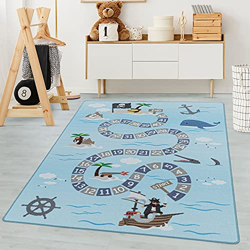 Carpetsale24 Kinderteppich Blau 100x150 cm Pirat Design Modern rutschfest Waschbar Pflegeleicht Extra Weich Antiallergen Babyteppich Kinderzimmer Jungen Mädchen