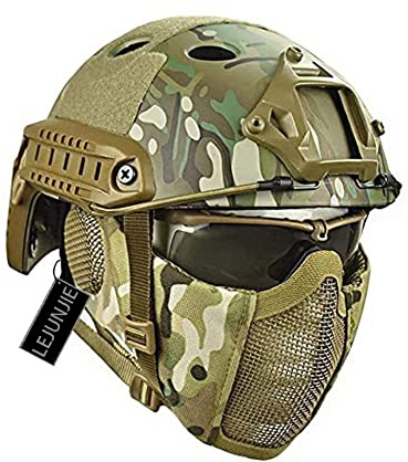 Fast Casco Rápido de Paintball PJ Airsoft, con Protección para Los Oídos Plegable, Máscara de Malla de Acero y Conjunto de Gafas