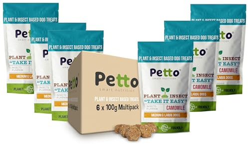 Petto Plant & Insect Based Hypoallergenic Dog Treats 6 x 100g | Healthy & Meat-Free Training Bites | Human Grade & Bakery Made with Crickets, Camomile & Pumpkin