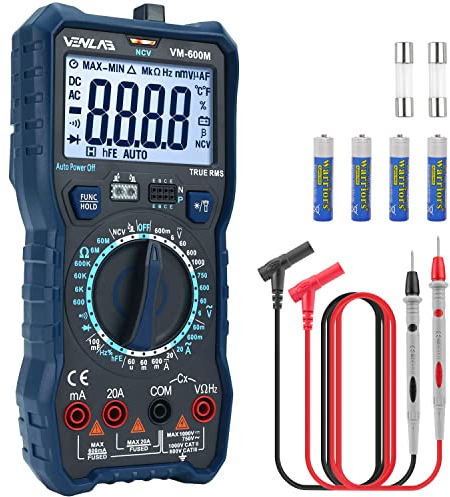 VENLAB Multímetro con Rango Manual, True RMS Multímetro Digital 6000 cuentas, Polimetro Medición de corriente/tensión/capacitancia/resistencia/frecuencia/ciclo de trabajo/NCV/hFE/continuidad