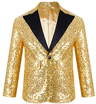 YiZYiF Bambini Ragazzi Shiny Paillettes Giacca Manica Lunga Blazer Slim Fit Tuxedo Giacca con V Neck Wedding Compleanno Giacca Oro 11-12 Anni