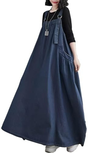 EXPOING Denim Jumper Dress for Women Loose Version Baggy Style Maxi Length Adjustable Straps Wide Hemline (US, Alpha, Medium, Regular, Regular, Dark Blue M)
