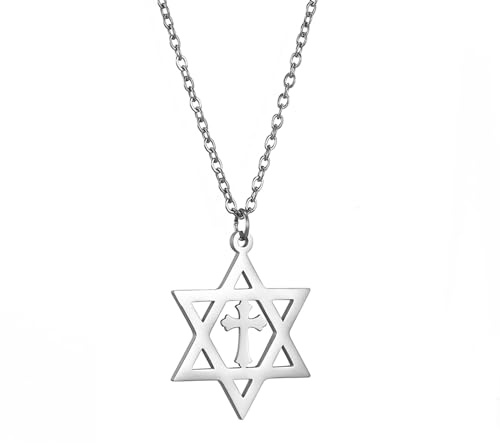 VASSAGO Collier avec pendentif étoile de David Salomon à six pointes en acier inoxydable hexagonal pour homme (Étoile de David avec croix-Argent)