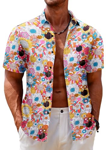 COOFANDY Chemise hawaïenne pour Hommes à Manches Courtes Chemise à Fleurs d'été Floral Vacances Chemises décontractées Unisexes Coupe régulière PAT1 L