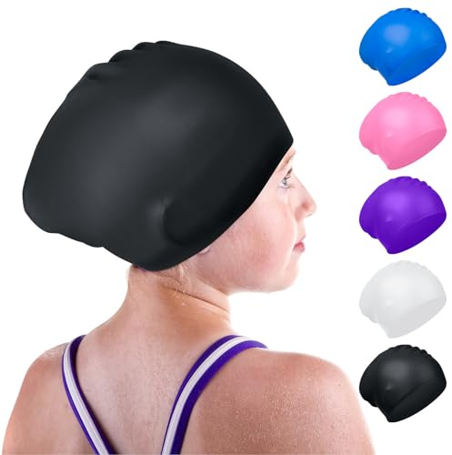 Kids Long Hair Swimming Cap, Silicone Kids Swim Caps for Boys and Girls, Stretchable and Comfortable Swimming Hats, Anti slip Swim Cap for Long Hair (Black)
