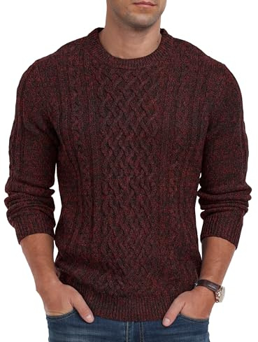 Hisir Jerséis de punto trenzado para hombre con cuello redondo de invierno, gruesos y cálidos de manga larga para hombre Reino Unido, rojo vino, L
