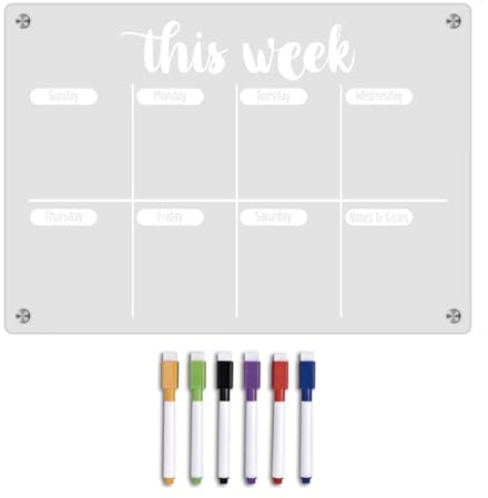 Satiskid Magnetic Weekly Planner, Magnetic Acrylic Calendar for Fridge, Weekly Meal Planner and Grocery List, Clear Calendar Planner Dry Erase Board Set for Refrigerator/Glass/Kitchen/Office (White)