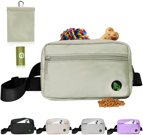 Puppy Dog Treat Pouches for Pet Training Treat Bag, Dog Walking Fanny Pack with Carabiner, Built-in Poop Bag Dispenser & Reuse Dog Poop Holder, Puppy Pet Treat Waist Belt (Green)