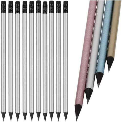 10 stycken blyertspennor träpennor med suddgummi i metallisk look silver guld rosa blå med svart inre kropp Black Edition HB, förspetsade, 19 cm längd ekonomipack hållbar (silver)