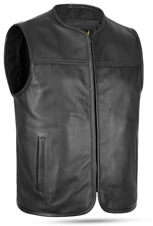 Leatherick Herren-Motorradweste aus echtem Rindsleder – Klassische Bikerweste mit Frontreißverschluss für Komfort und zeitlosen Stil (DE/NL/SE/PL, Alphanumerisch, XL, Regular, Regular, Schwarz)