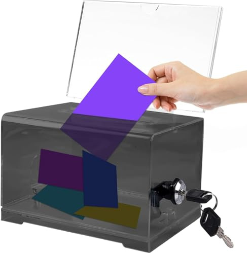 Scatola per donazioni in acrilico con chiusura a chiave, colore nero trasparente, con serratura a chiave, per lotterie, votazioni, biglietti da visita