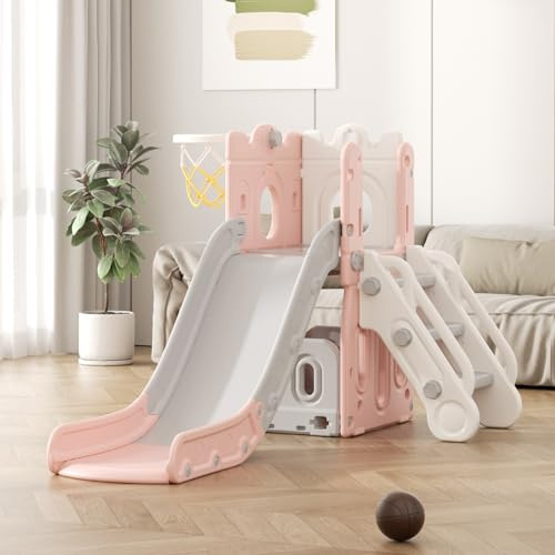 Scivolo e Altalena per Bambini con Scala da Arrampicata: Parco Giochi per Interni ed Esterni con box Portaoggetti Tunnel Scale Canestro da Basket e Zona di Passaggio (Tower-I-Pink)