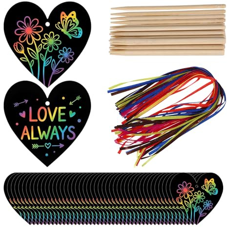 ShioShin 44 Pack Valentine's Day Rainbow Scratch Paper, DIY Rainbow Scratch Art, Scratch Art Party Favors with Wooden Styluses and Pieces Ribbons, Valentines Crafts for Creative Gifts Holiday Decor
