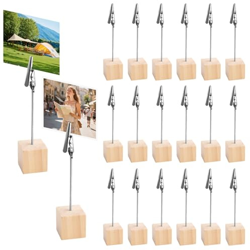 20 Stück Fotohalter Holz mit Klammern, Foto Memo Clip Halter, Kartenständer mit Krokodilverschluss, Holzsockel Notizkartenhalter, Schreibtisch Memohalter, Zettelhalter für Büro Party Geschäften