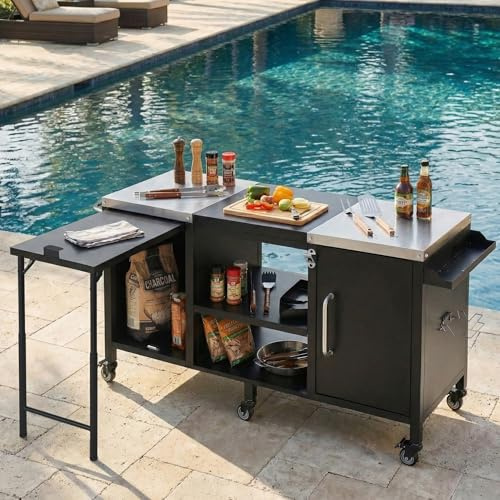 LUMISOL Outdoor Grill Cart for Big Green Egg, Large Rolling Kitchen Cart with Fold-Out Prep Table, Metal Kitchen Island with Adjustable Shelves and Spice Rack, 72.4 Inch Bar Cart Station, Black