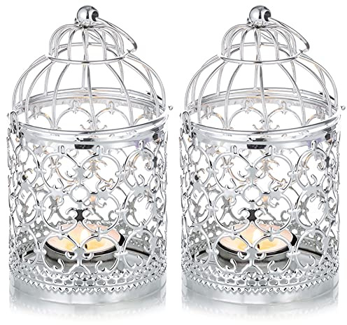 Nuptio 2 Pcs Decorative Candle Lanterns Bird Cage Metal Hollow Out Decorative Birdcage Iron Christmas Candle Holder Hanging Lantern, Silver Tea Light Lantern Holders for Wedding Party Halloween