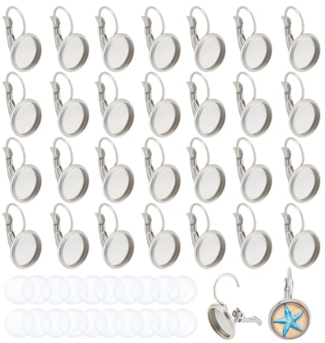 UNICRAFTALE 30 Ensembles 10mm Plat Rond Boucles D'Oreilles Plateau Faire 304 Conclusions en Acier Inoxydable Boucle D'Oreille et Cabochons en Verre Transparent pour D'Oreille Fabrication de Bijoux
