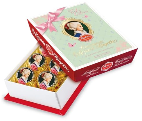 Reber, Constanze Mozart-Kugeln Barock, 6er Osternpackung, Mozart-Kugeln aus Alpenmilch- und Zartbitter-Schokolade, Gefüllt mit Pistazien-Marzipan, Mandeln und Haselnuss-Nougat, 120g (6 Mozart-Kugeln)