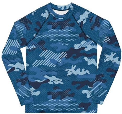 Rashguard Jugend Jungen, Langarm, Badeshirt, Schwimmshirt, Sonnenschutz, Badebekleidung, Schnelltrocknend, UPF 50+, Rash Top mit Print, Rash Guard Shirt, UV Shutz, Blue Camouflage, 134-158 cm (12)