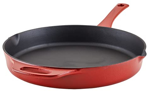 Rachael Ray NITRO Cast Iron Frying Pan/Skillet with Helper Handle and Pour Spouts, 12 Inch, Red