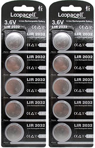 My Battery Supplier 10 Loopacell LIR2032 Lithium Rechargeable 3.6V Coin Cell Batteries