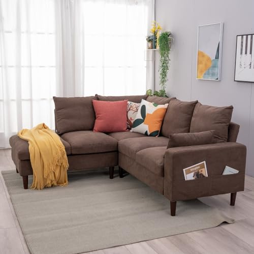 Panana Furniture Classic Fine Linen Sofa & Chaise Corner Sofa Group Set with USB Charging Port (Brown, 5 Seater L Shape)