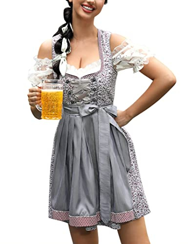 KOJOOIN Abito Tradizionale Midi Corto da Donna Dirndl con Tre Parti: Abito Dirndl, Grembiule Dirndl, Camicetta Dirndl per L'Oktoberfest Fiori di anacardi (3 Pezzi) 40