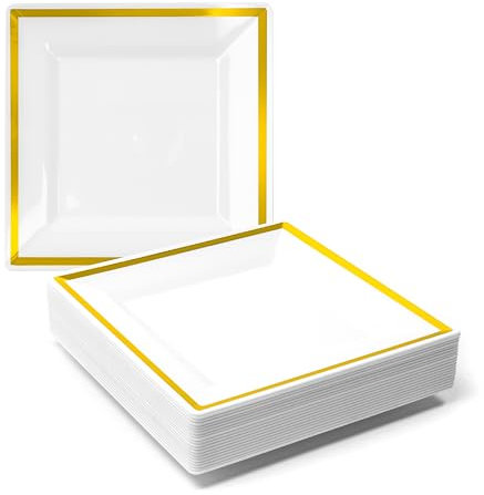 MATANA 20 Premium Square White Plastic Dessert Plates with Gold Rim, 16.5cm / 6.5 Inch - Reusable Small Side Plates, Starter Plates for Weddings, Birthdays, Picnic, BBQ, Parties