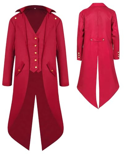 YQVGFBY Frac gótico steampunk para hombre, chaqueta medieval victoriana vintage, uniforme esmoquin largo, disfraces de cosplay renacentistas de pirata vampiro para fiestas para hombres adultos, rosso
