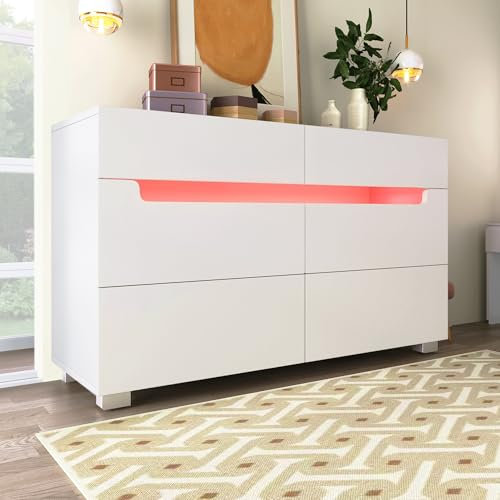 Idemon Aparador de madera con 6 cajones, iluminación ambiental (controlada por aplicaciones), armario multifunción para salón y dormitorio, 71 x 120 x 40 cm, color blanco