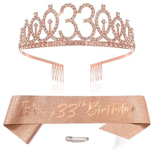 Or rose 33e anniversaire couronne et écharpe fille 33e anniversaire décoration strass anniversaire diadème princesse couronne reine tiare d'anniversaire filles 33 ans décoration fête vêtements