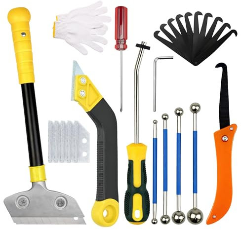 aleawol 26 rastrelli per la rimozione della malta, strumento di riparazione professionale per la pulizia e la riparazione di pavimenti in piastrelle, include rastrello per malta, raschietto a manico